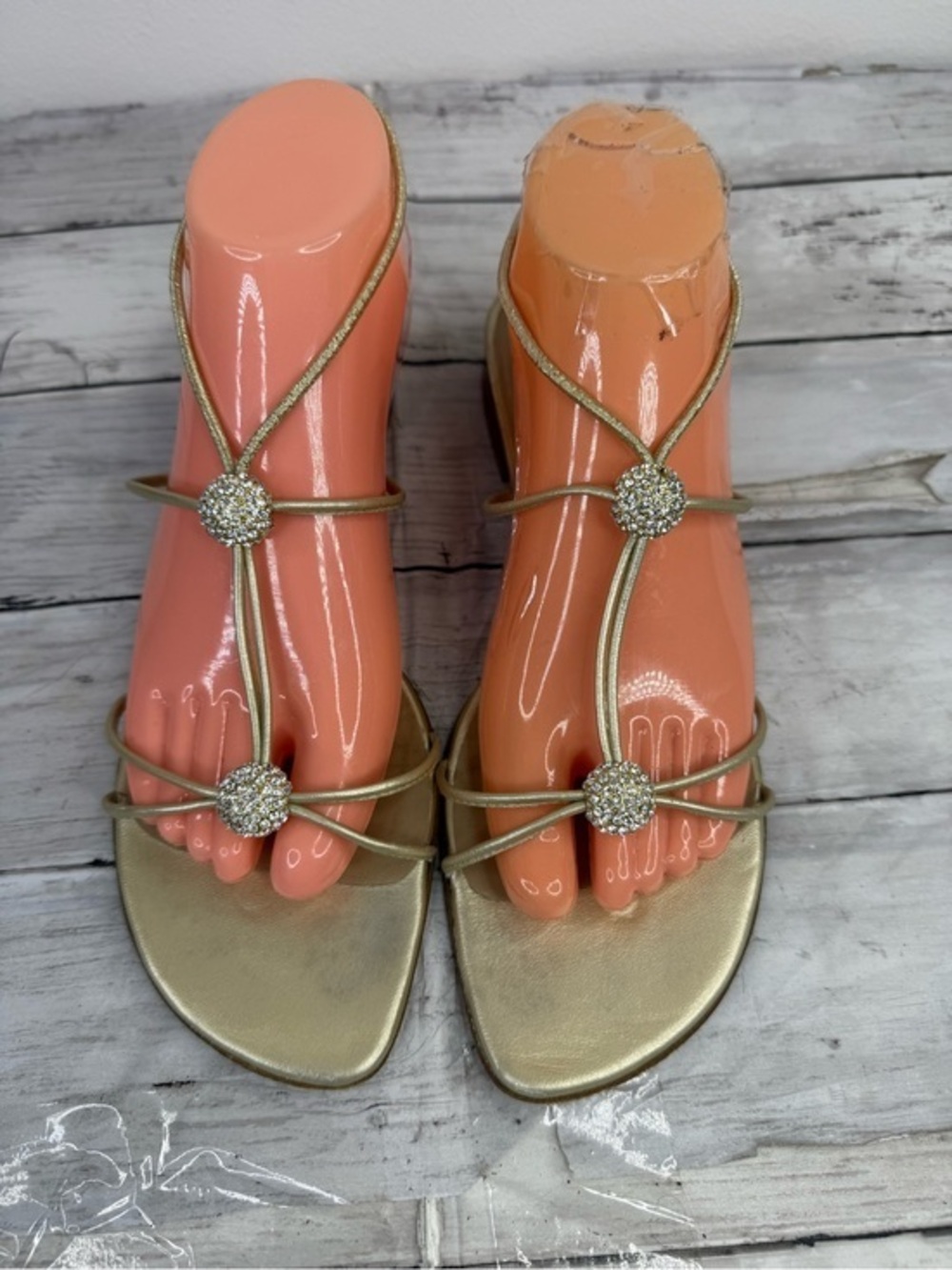 Stuart Weitzman Gold T-Strap Rhinestone Sandals
